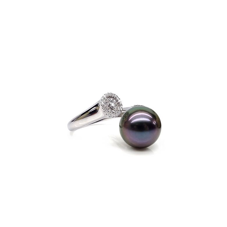 Bague perle de Tahiti verte aubergine - Or blanc, diamants micro-sertis - 1