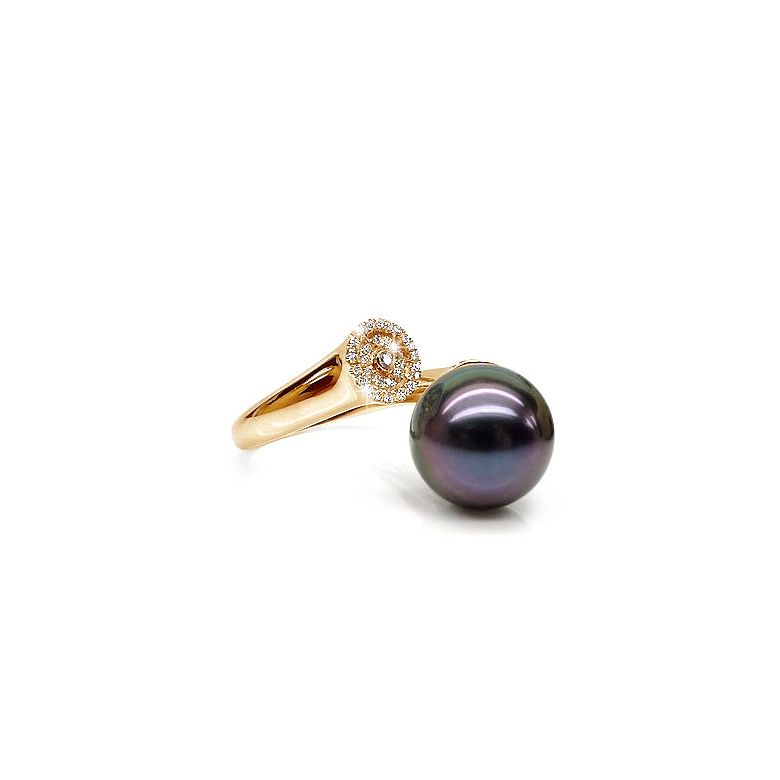 Bague perle de Tahiti verte aubergine - Or jaune, diamants micro-sertis - 1