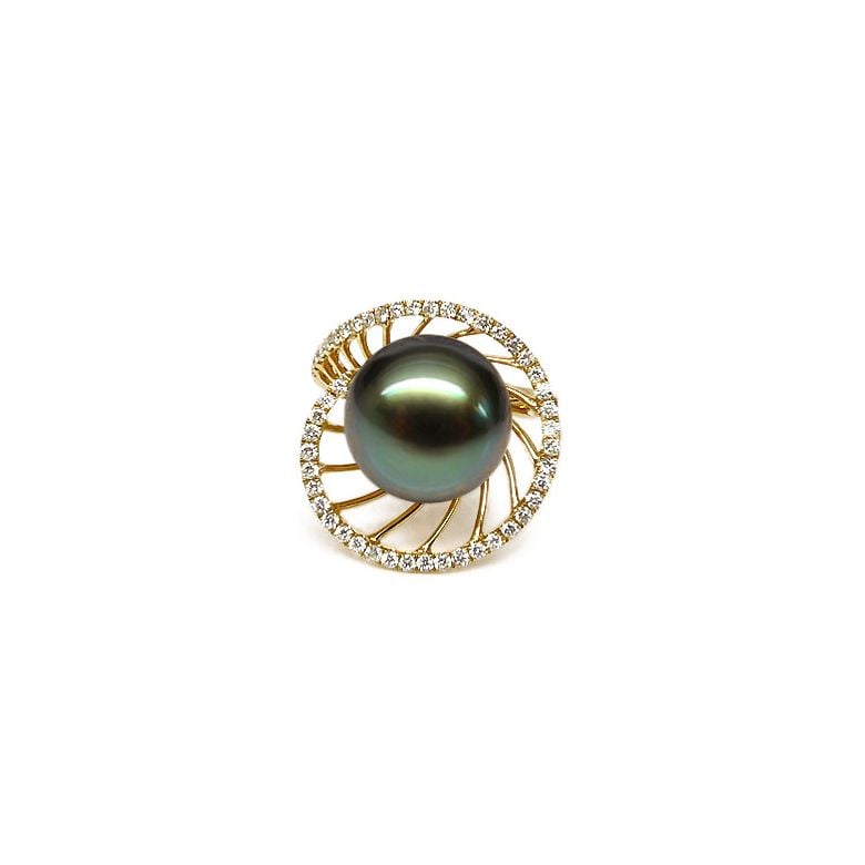 Bague or jaune de forme elliptique - Perle de Tahiti, diamants - 1