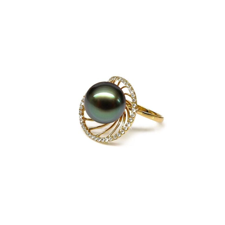 Bague or jaune de forme elliptique - Perle de Tahiti, diamants - 6