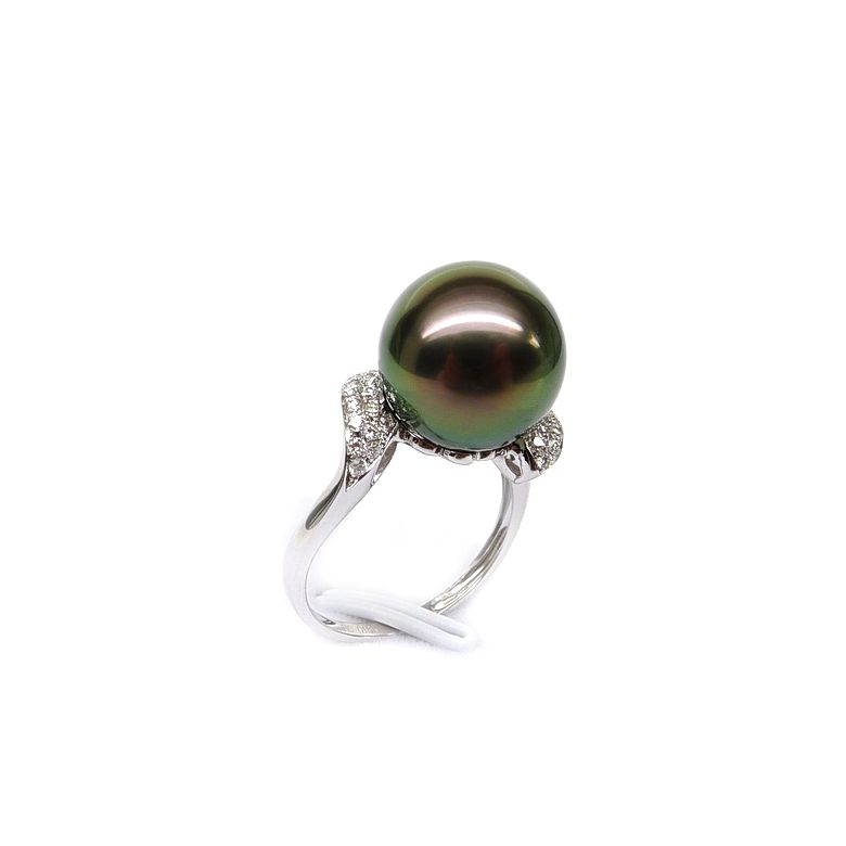 Bague solitaire standing avec sa perle de Tahiti - Or blanc, diamants - 1