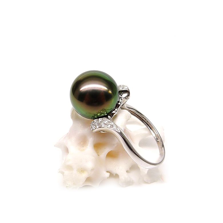Bague solitaire standing avec sa perle de Tahiti - Or blanc, diamants - 2
