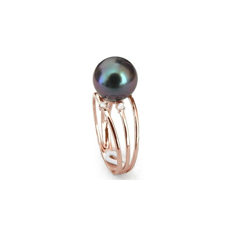 Bague 3 anneaux liés - Perle de Tahiti - Or rose, diamants - 1