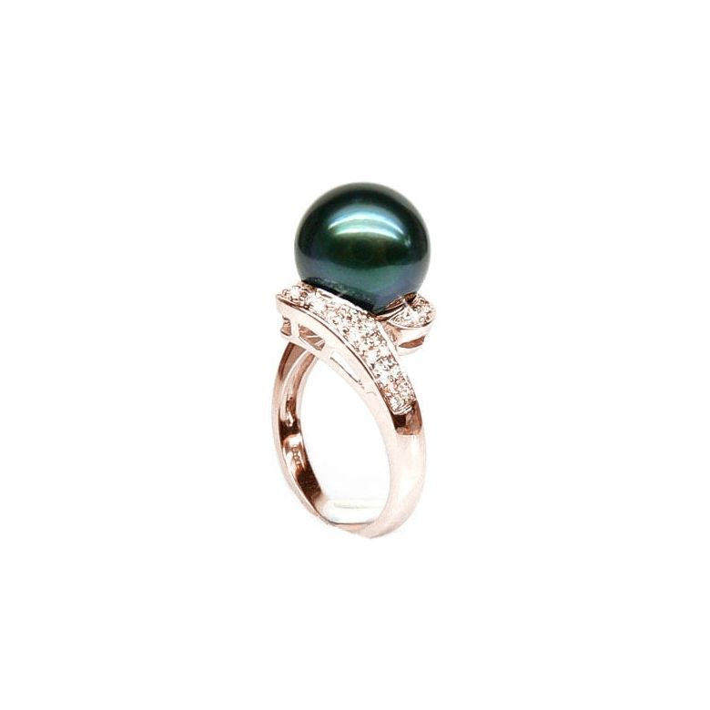 Bague Tuamotu - Perle de Tahiti noire émeraude - Or rose, diamants - 2