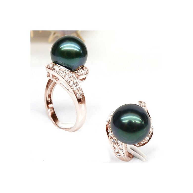 Bague Tuamotu - Perle de Tahiti noire émeraude - Or rose, diamants - 4
