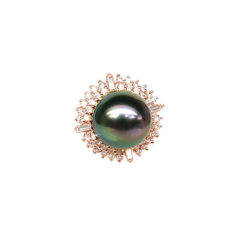 Bague auréolée de diamants - Perle de Tahiti paon rosée - Or rose - 1