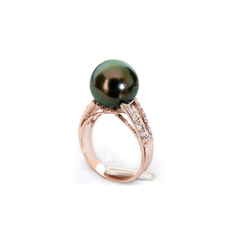 Bague perle de Tahiti - Or rose - Pavage diamants micro sertis - 2