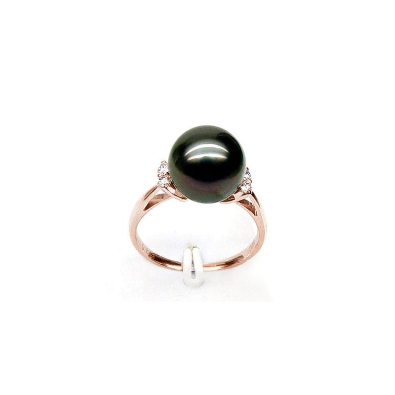 Bague solitaire perle de Tahiti - Or rose, diamants sertis grains - 1