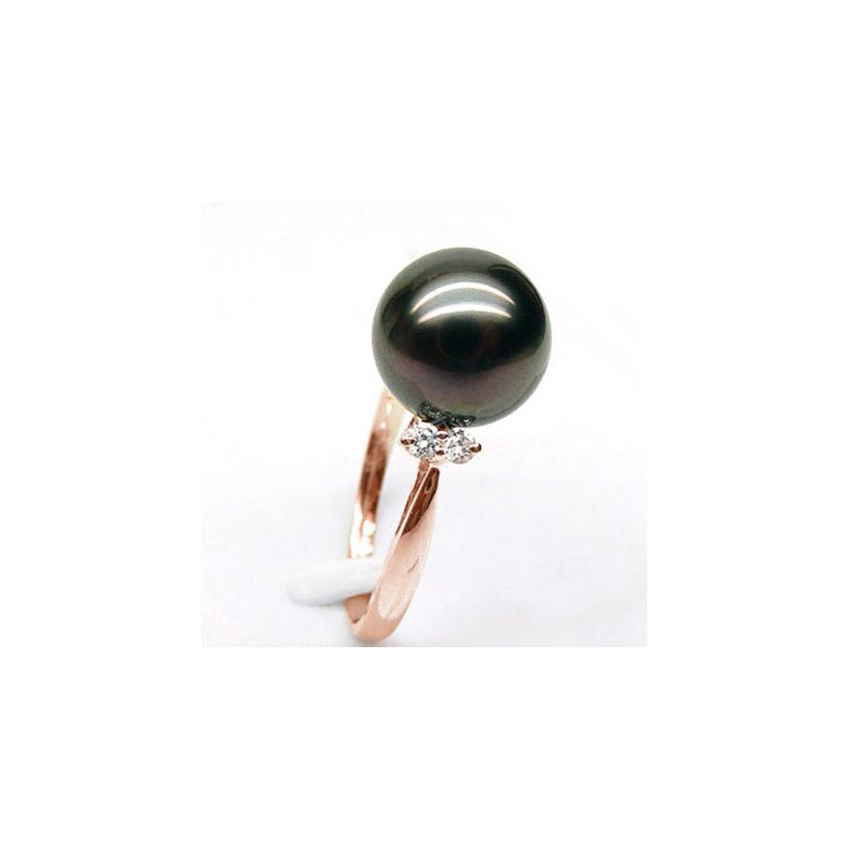 Bague solitaire perle de Tahiti - Or rose, diamants sertis grains - 2