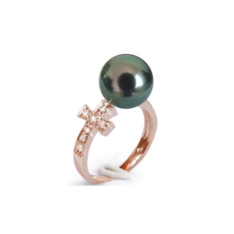 Bague croix romaine - Perle de Tahiti noire paon - Or rose, diamants - 1