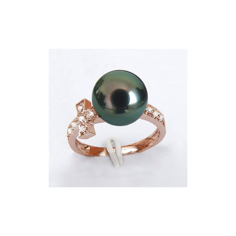Bague croix romaine - Perle de Tahiti noire paon - Or rose, diamants - 2