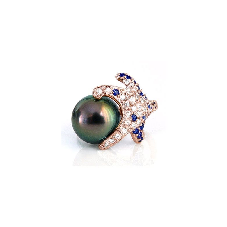 Bague étoile de mer - Perle de Tahiti - Or rose, diamants, saphirs - 1