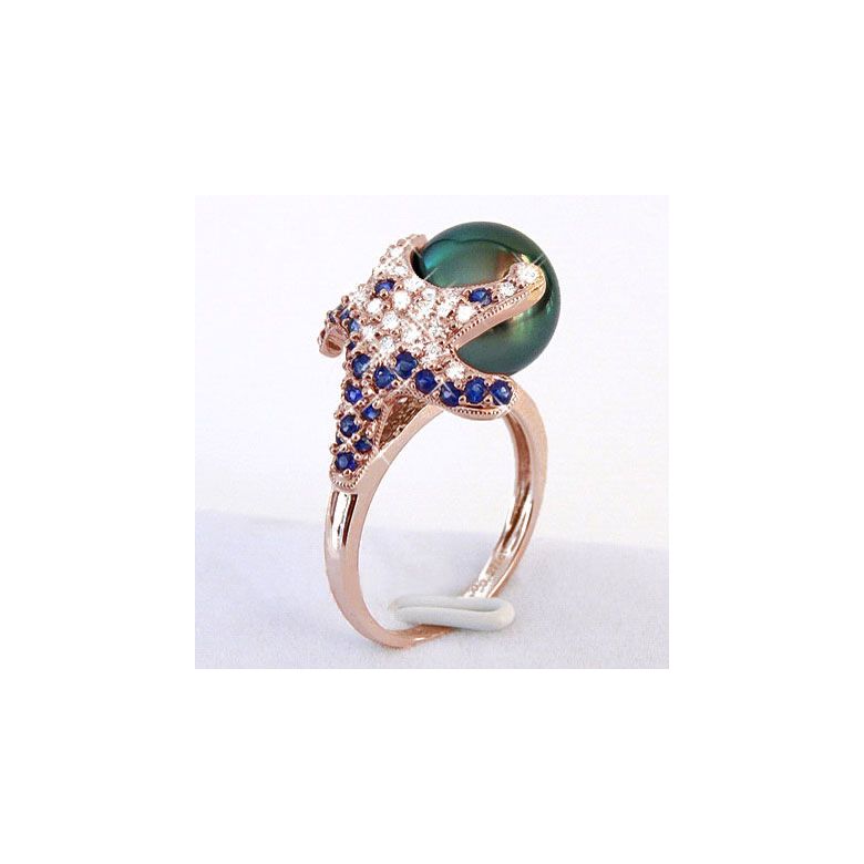 Bague étoile de mer - Perle de Tahiti - Or rose, diamants, saphirs - 2