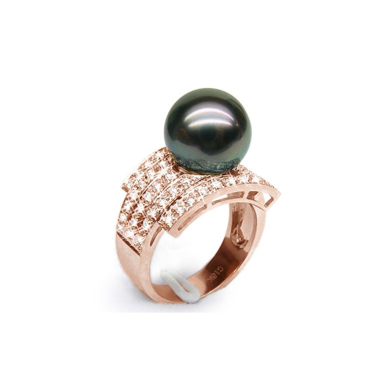 Bague style opulent - Perle Tahiti noire, bronze - Or rose, diamants - 1