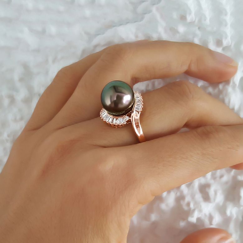 Bague couronne diamantée - Perle de Tahiti, or rose - 4