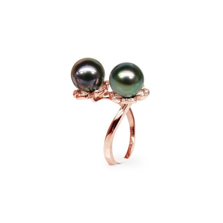 Bague You and Me - Perles Tahiti vertes, aubergines - Or rose, diamants - 1