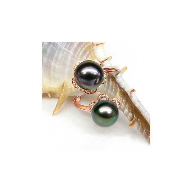 Bague You and Me - Perles Tahiti vertes, aubergines - Or rose, diamants - 2