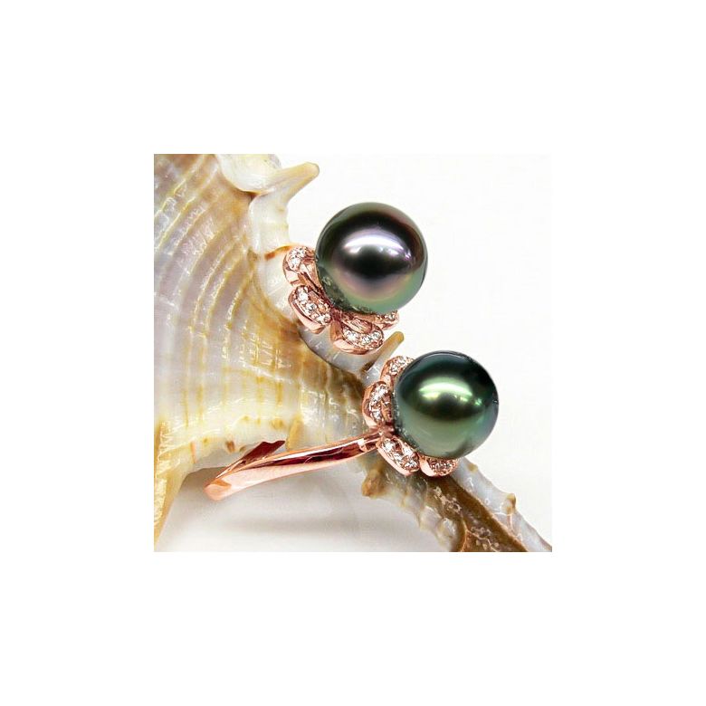 Bague You and Me - Perles Tahiti vertes, aubergines - Or rose, diamants - 3