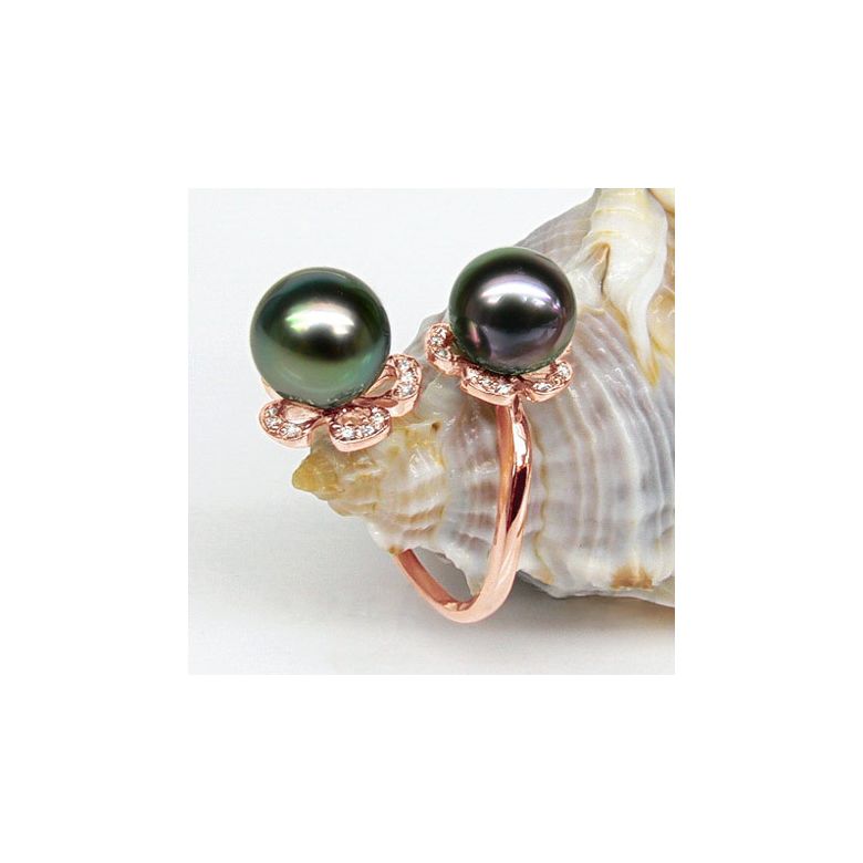 Bague You and Me - Perles Tahiti vertes, aubergines - Or rose, diamants - 4