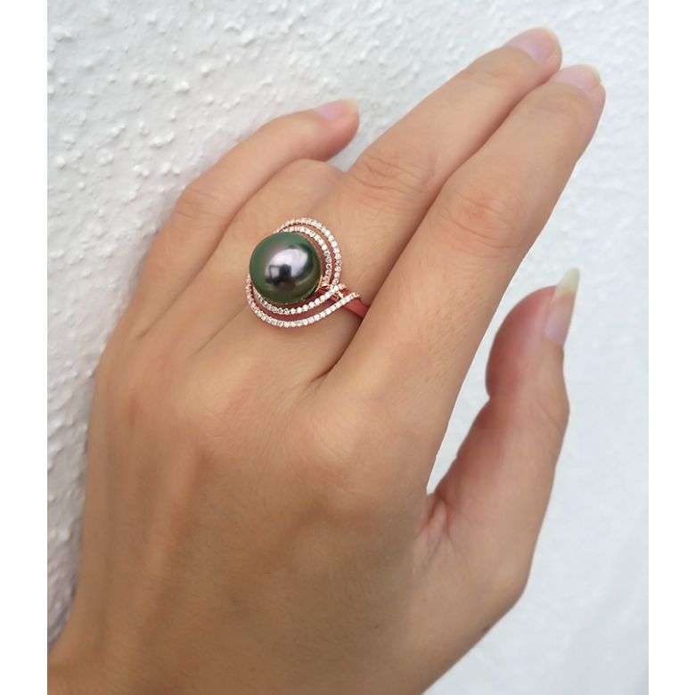 Création d'orfèvrerie - Bague luxe - Perle de Tahiti, or rose, diamants - 4