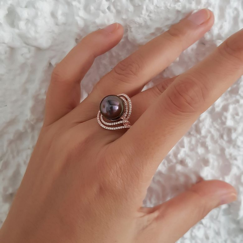 Création d'orfèvrerie - Bague luxe - Perle de Tahiti, or rose, diamants - 6