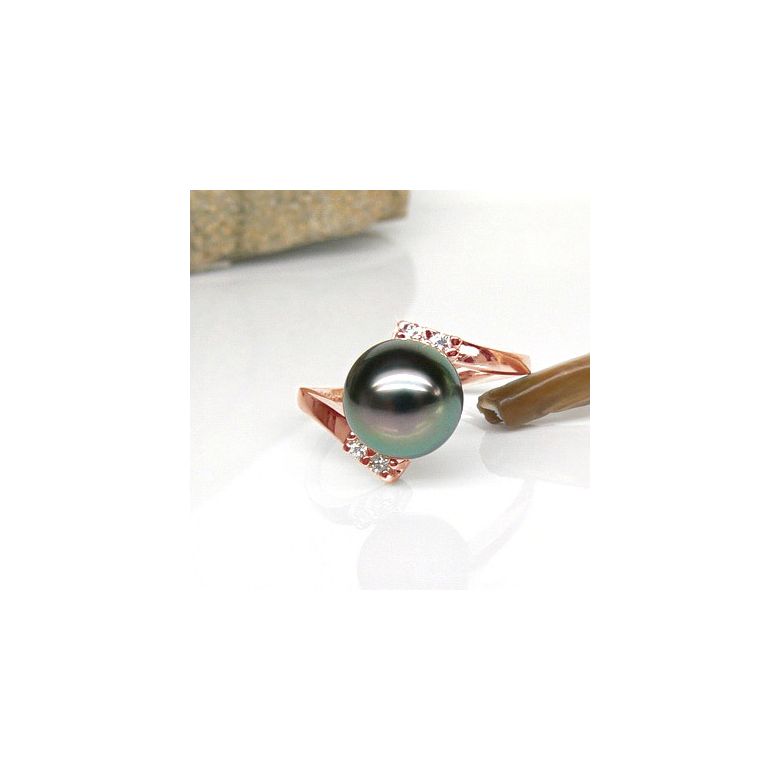 Bague solitaire ondulée - Perle de Tahiti - Or rose, diamants - 4