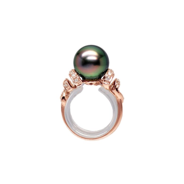 Bague or rose stylée 2 époques - Perle Tahiti émeraude rosée, Diamants - 1