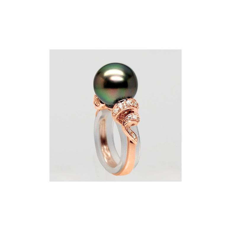 Bague or rose stylée 2 époques - Perle Tahiti émeraude rosée, Diamants - 2