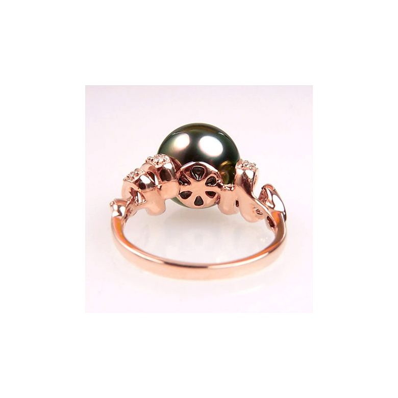 Bague or rose stylée 2 époques - Perle Tahiti émeraude rosée, Diamants - 3