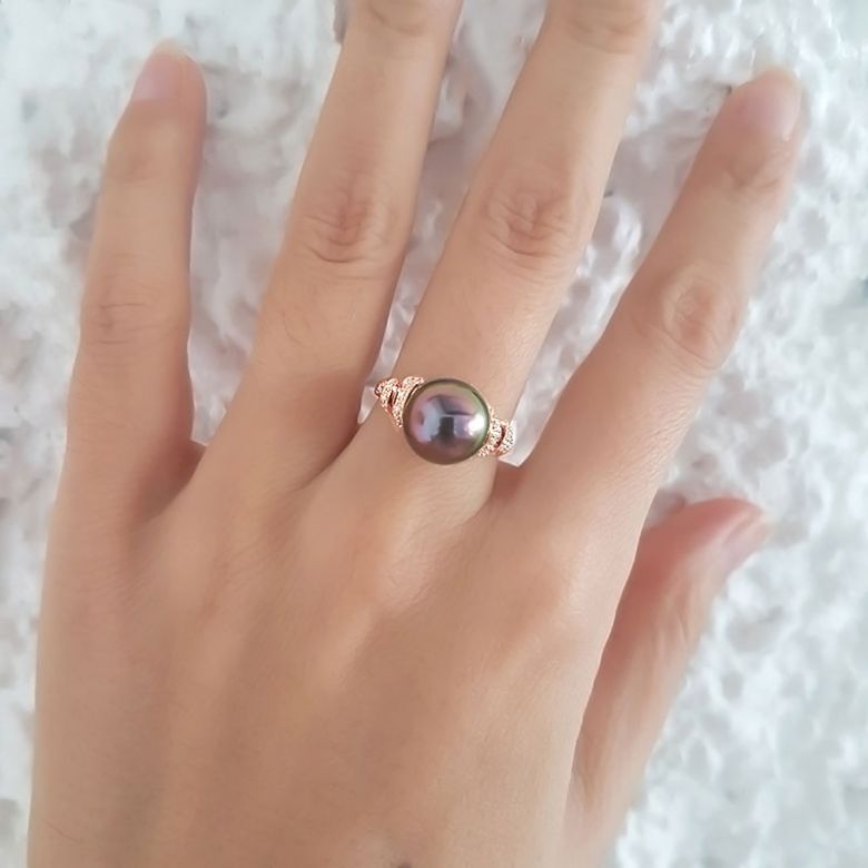 Bague or rose stylée 2 époques - Perle Tahiti émeraude rosée, Diamants - 8