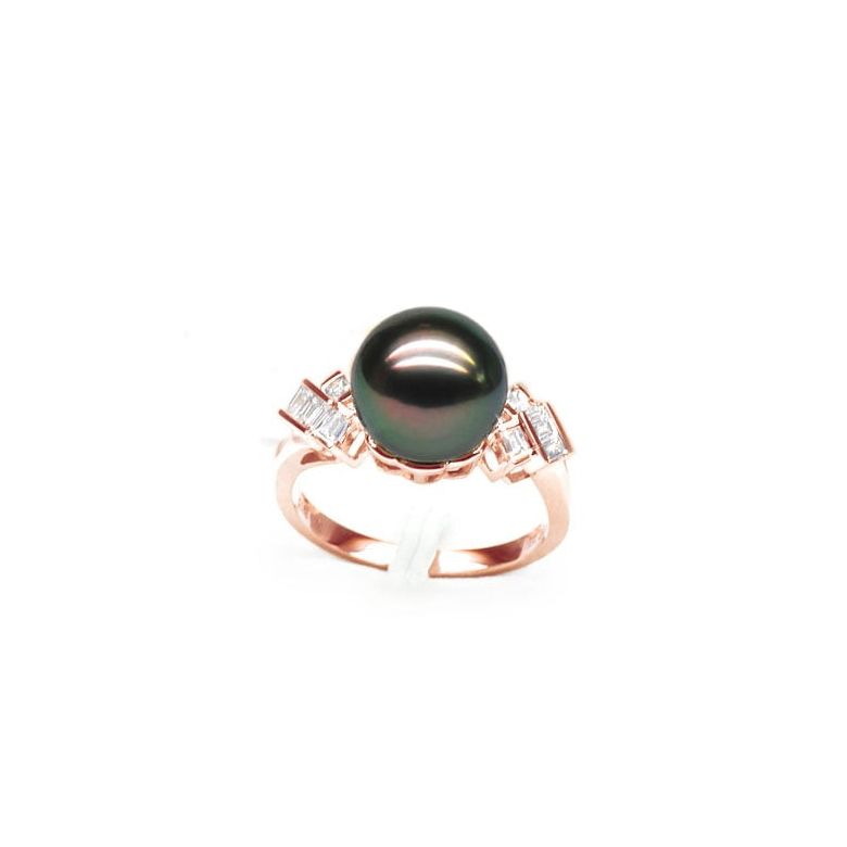 Bague Java Géométrique or rose - Perle de Tahiti - Diamants princesses - 1