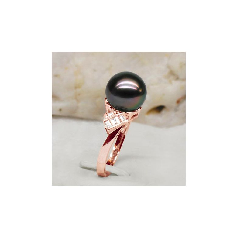 Bague Java Géométrique or rose - Perle de Tahiti - Diamants princesses - 2
