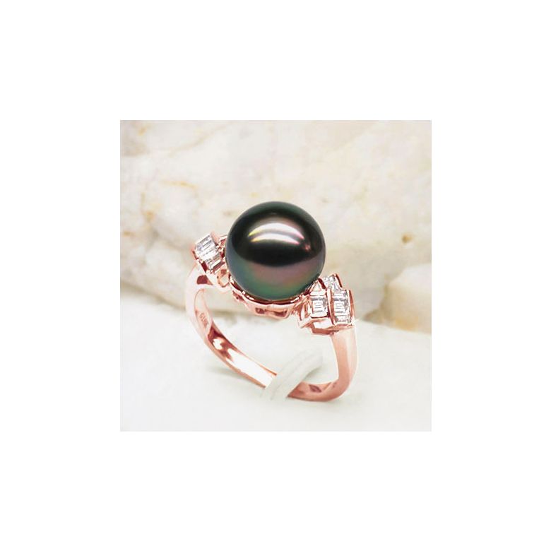 Bague Java Géométrique or rose - Perle de Tahiti - Diamants princesses - 3
