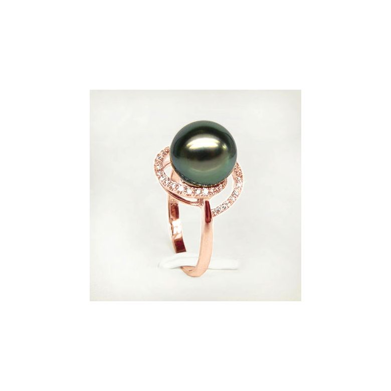 Bague or rose - Perle de Tahiti encerclée - Diamants sertis griffes - 3
