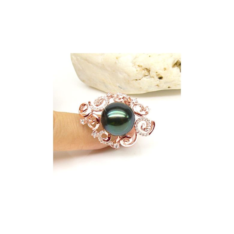 Bague Mindanao - Perle de Tahiti - Or rose, diamants sertis griffes - 3
