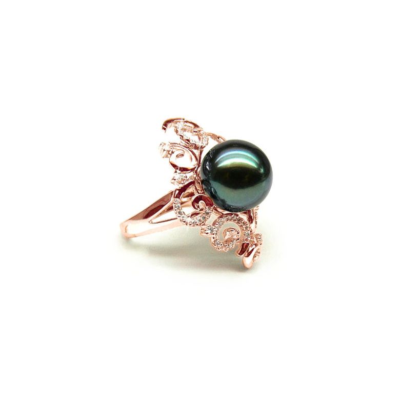 Bague Mindanao - Perle de Tahiti - Or rose, diamants sertis griffes - 5