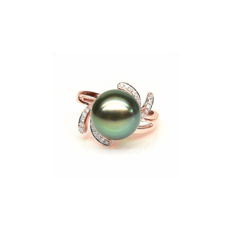 Bague fleur or rose - Perle de Tahiti - Diamants enchassés aux pétales - 1