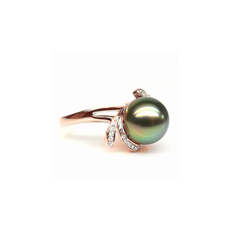 Bague fleur or rose - Perle de Tahiti - Diamants enchassés aux pétales - 4