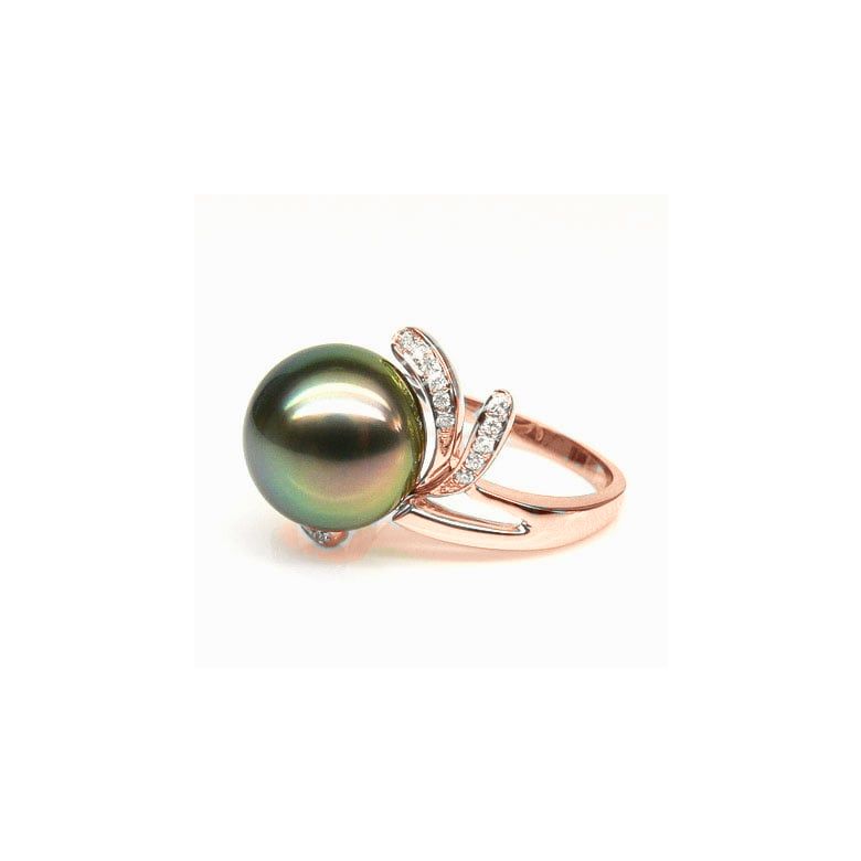 Bague fleur or rose - Perle de Tahiti - Diamants enchassés aux pétales - 5
