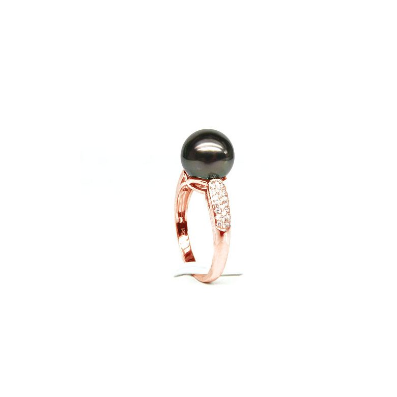 Bague solitaire perle de Tahiti - Or rose, diamants - 2
