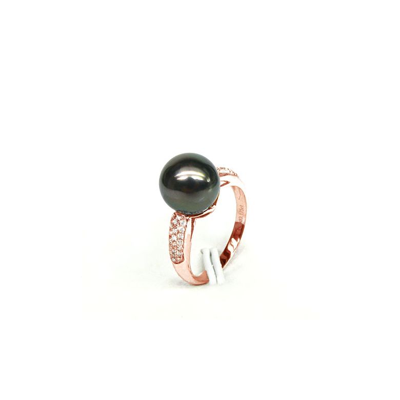 Bague solitaire perle de Tahiti - Or rose, diamants - 3