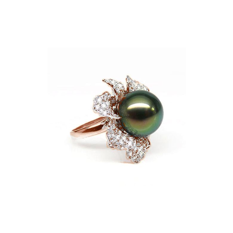 Bague perle de Tahiti - Pétales, fleur pavée de diamants - Or rose - 1