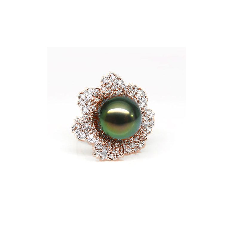 Bague perle de Tahiti - Pétales, fleur pavée de diamants - Or rose - 2