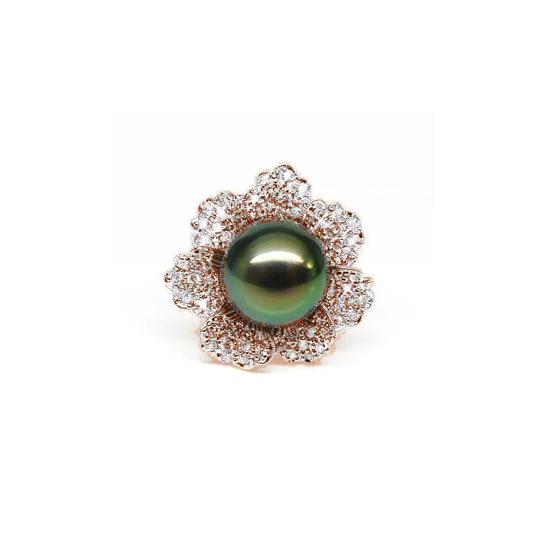 Bague perle de Tahiti - Pétales, fleur pavée de diamants - Or rose - 3