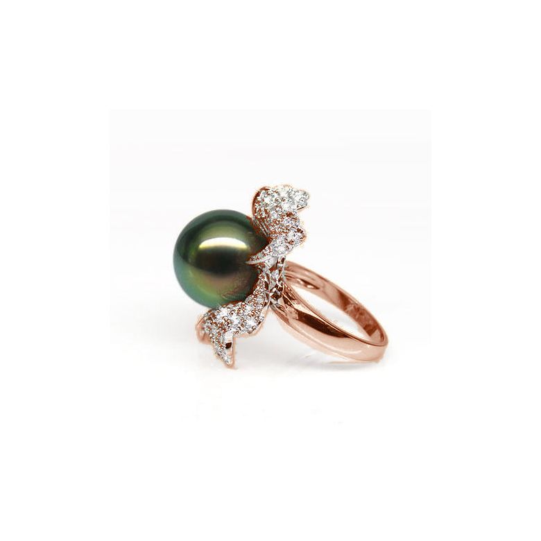 Bague perle de Tahiti - Pétales, fleur pavée de diamants - Or rose - 4