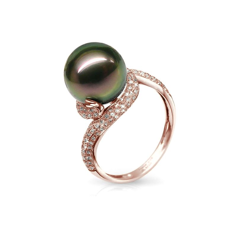 Bague perle de polynésie, Tahiti - Or rose, diamants micro sertis - 1