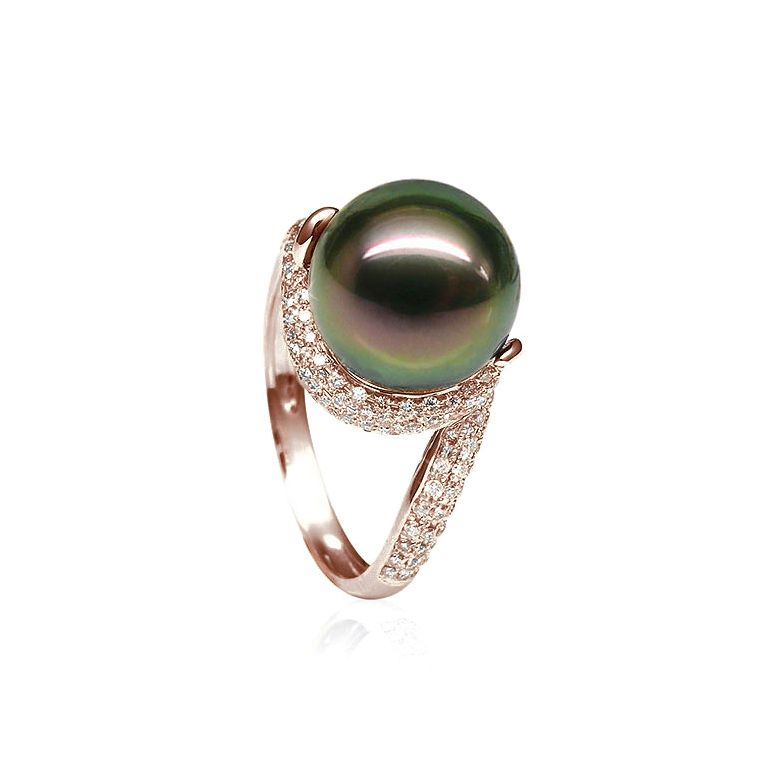 Bague perle de polynésie, Tahiti - Or rose, diamants micro sertis - 2