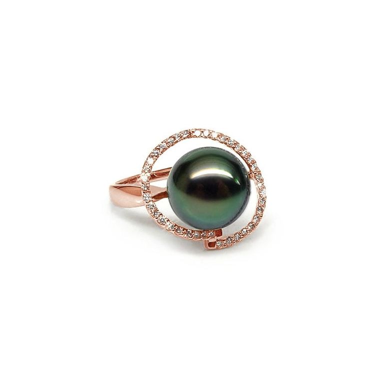 Bague diadème diamanté - Perle de Tahiti verte - Or rose, diamants - 1