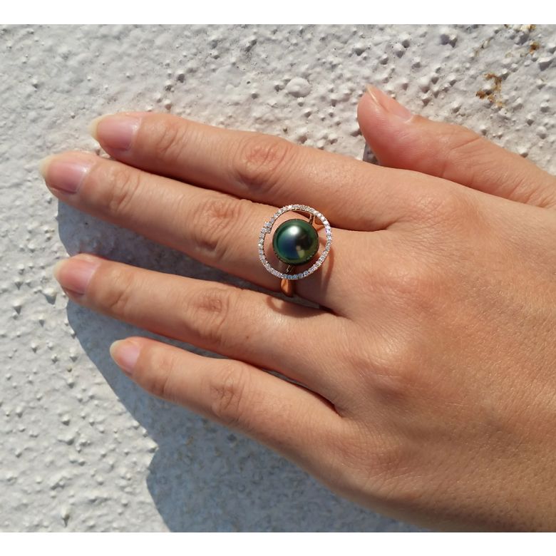 Bague diadème diamanté - Perle de Tahiti verte - Or rose, diamants - 2