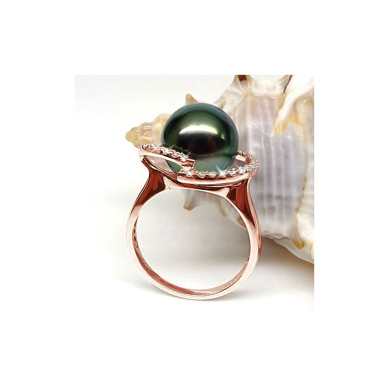 Bague diadème diamanté - Perle de Tahiti verte - Or rose, diamants - 4
